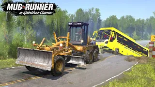 Spintires MudRunner MOTOR GRADER DZ 98 Pulls The Bus Out Of The Road Collapse