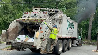 Roaring Garbage Truck Rolling Coal! Long JRM Mack Granite Leach 2RIII Rear Loader