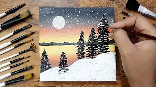 Winter Landscape Painting with Snow Covered Pine Trees | Acrylic Painting