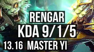 RENGAR vs YI (JNG) | 9/1/5, 66% winrate, 65% winrate, Godlike | TR Grandmaster | 13.16