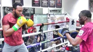 Viddal Riley lighting up pads with Jeff Mayweather at 1st Mayweather Promotions media day