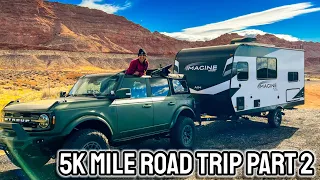 5k Mile Road Trip Part 2 | Towing camper with 2021 Ford Bronco 2.3L Inclines, Wind, & Snow Journey!