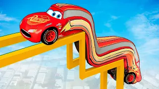 LONG Lightning Mcqueen and Pixar Cars vs STAIRS in Beamng Drive! Battle!