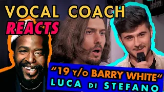 VOCAL COACH Reacts: 19 y/o "BARRY WHITE" Luca Di Stefano - Let's Get It On [How to sing Super LOW]