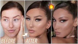 BELLA HADID MAKEUP & HAIR TUTORIAL - EASY 'FOX EYE' GLAM | Hannah Renée