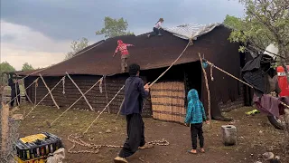 Nomadic Village Hit By Rain | Setting up a tent by nomads | Iranian Nomads