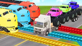 Flatbed Trailer Transportation - Truck vs Speed Bumps - Cars vs Deep Water - Train vs Speed Bump