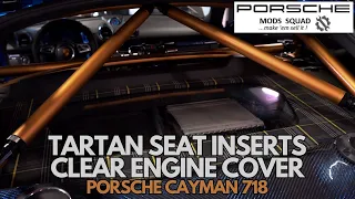 Porsche Cayman 718 Tartan seat inserts and clear engine cover upgrade from Porsche Mod Squad (4K)