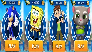 Sonic Dash vs Ben 10 Up to Speed vs Talking Tom Gold Run vs SpongeBob RUn - All Characters Unlocked