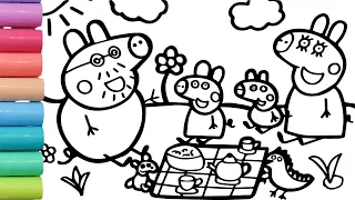 Drawing And Coloring Peppa Pig Family in picnic Kids & Toddler.How to draw peppa pig family for kids