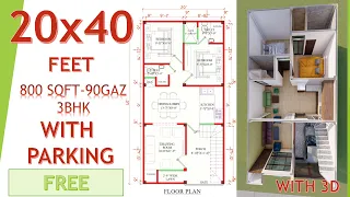 20x40 house plan with car parking and 3d elevation/800sqft/90gaz/6x12m/72sqm