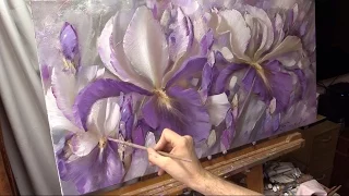 Серебряные ирисы. Хивопись маслом Alla Prima. Silver irises. Process of creating oil painting.