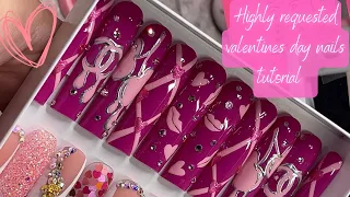 TRIPLE EXTRA LONG VALENTINES DAY PRESS ON NAILS TUTORIAL💘  painted nails | PINK GLAM PRESS ON NAILS