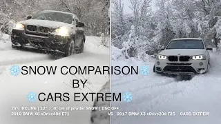 SNOW COMPARISON: 2010 BMW X6 xDrive40d E71 VS 2017 BMW X3 xDrive20d F25|20% INCLINE | DSC OFF xDrive