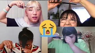 people cutting their own bangs and regret it for 12 minutes straight