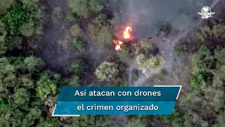 Dron graba momento en que ataca con explosivos un campamento en Tepalcatepec, Michoacán