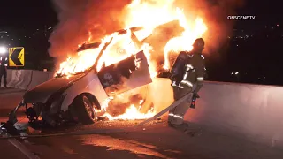 Fiery Crash Leaves Vehicle Hanging Off Freeway Overpass In Pacoima