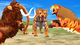 3 Giant Tiger attack Cow Cartoon Bull Saved by Woolly Mammoth Elephant VS Saber-Toothed Tiger