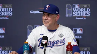 Texas Ranger manager Bruce Bochy reacts to World Series Game 1 walkoff win