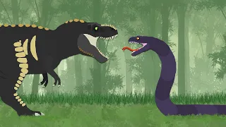 Dinosaurs Cartoons Battles : Tyrannosaurus rex vs Titanoboa | DinoMania