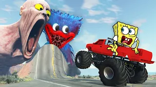 Spongebob Escape From The Shy Guy (SCP-096) & Huggy Wuggy | Epic High Speed Jumps 🚓 BeamNG Drive
