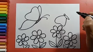 Easy Flower Garden drawing | How to drawing flower garden | How to drawing butterfly