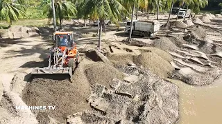 Filling Up Big Pond In Beautiful Land Wheel Loader Spreading Sand Bulldozer Dump Truck Clearing Sand