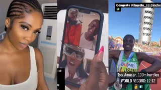 Tiwa Savage React in Tears as Tobi Amusan Breaks world Record