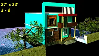 27x32 ka 3d house design  864 SQFT ka naksa in 3d G+1