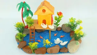 Fish,birds in waterfall from hot glue gun. Showpiece for home decoration. gkcraft