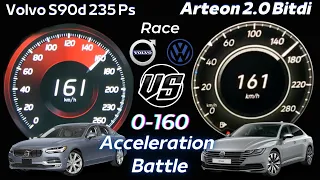 (0-160 Kmh)Volvo S90 D5 2.0 diesel 235 ps VS Vw Arteon Bi Tdi 240 Ps 4motion acceleration battle