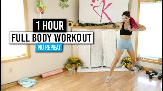1 Hour Full Body Workout | NO REPEAT | Strength, Cardio & Abs | Low Impact Mods