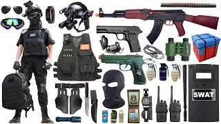 Special police weapon toy set unboxing, AK47 rifle, sniper rifle, gas mask, bomb dagger