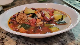 Quick easy bean soup, with Vegetarian Chorizo