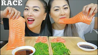 RAW SALMON SASHIMI *RACE CHALLENGE (SISTER REUNITED EDITION) LETS EAT | SASVlogs