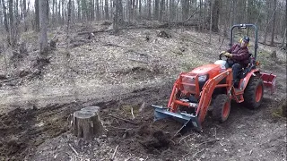 #280 Stump Removal. Stump Bucket. Double Maple Stump. Kubota B2601 Compact Tractor. outdoor channel.