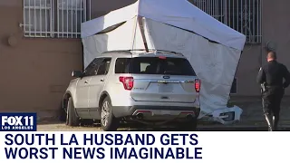 Husband sees wife die after car pins her to building in South LA