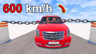 Cadillac Escalade Car At speed Of 600 km/h Crosses Chain and Bollard (with Dummy) ⏩ BeamNG DRIVE