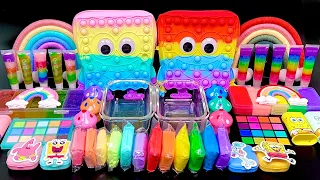 [ASMR] Mixing "SpongeBob Pastel vs Vivid Rainbow" MakeUp Eyeshadow,Glitter Into Clear Slime (299)
