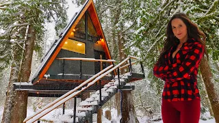 Living in a Tree House Cabin in the Woods! A-Frame Tiny Home Tour in a Snow Storm