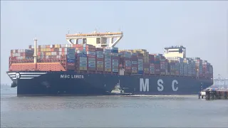 MSC Loreto, the world's largest, departs the Port of Felixstowe bound for Algeciras.  2nd May 2024