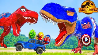 One Spiderman T-Rex vs Other Big Colorful Dinosaurs in Jurassic World! I-Rex vs T-Rex Dino Fight!