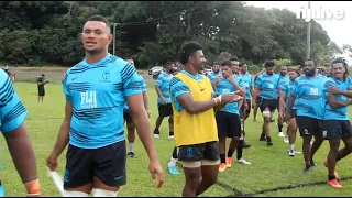 The Fiji Water Flying Fijians wrap up another day of training at the Welagi Village.