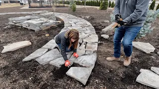 Planting 3 Small Evergreens, Flower Bed Cleanup & ProgressOn the Rock Path! 🌲😁💪 // Garden Answer