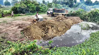 Beautiful Place To Work Here!! Small Bulldozer Pushing Soil Filling Small Lake With 2,5T Dump Truck