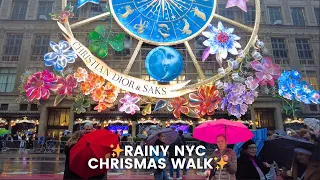 4k Christmas Rain Walk ☔️ ✨🎄🎀 Christmas in NYC | Saks Fifth Avenue Lights | Gallaghers Steakhouse 🥩🍷