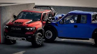 Ford F150 Raptor vs Dodge RAM TRX - Crash Test - BeamNG.Drive