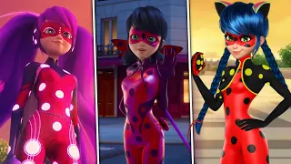 All Transformations of Marinette Dupain Cheng | Lady Fly, Bug Noir, Penny Bug, Lady Noir, Cosmo Bug