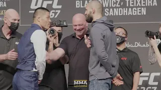 Khamzat Chimaev And Li Jingliang Separated By Dana White After Tense Presser Staredown | UFC 267