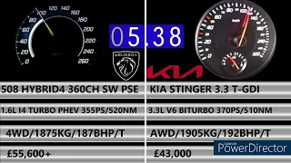 PEUGEOT 508 SW HYBRID4 360CH PSE 355PS VS KIA STINGER 3.3 T-GDI 370PS ACCELERATION 0-200KM/H